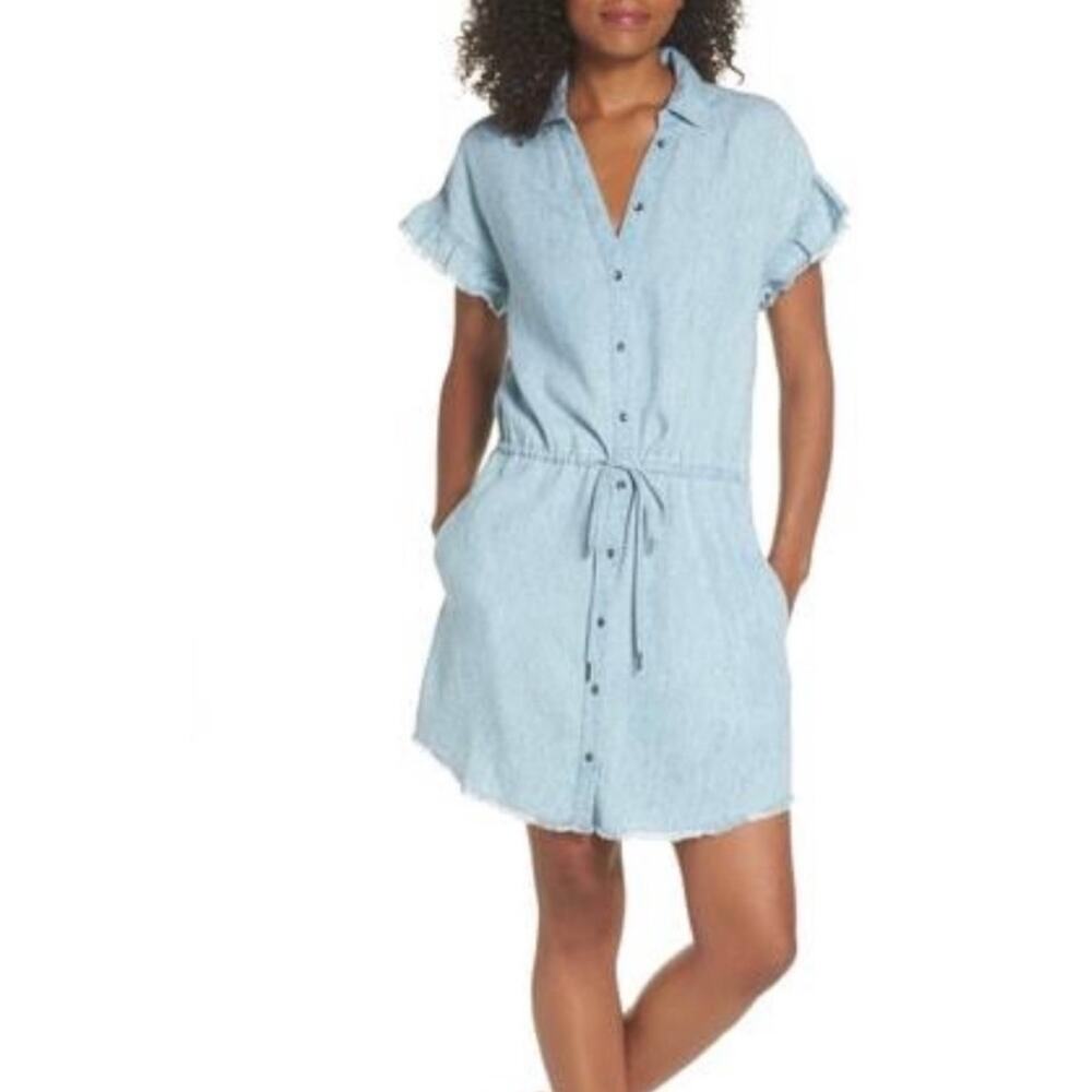 Paige Jaylin Chambray Linen Blend Mini Shirt Dress Cabana Blue Women's Small